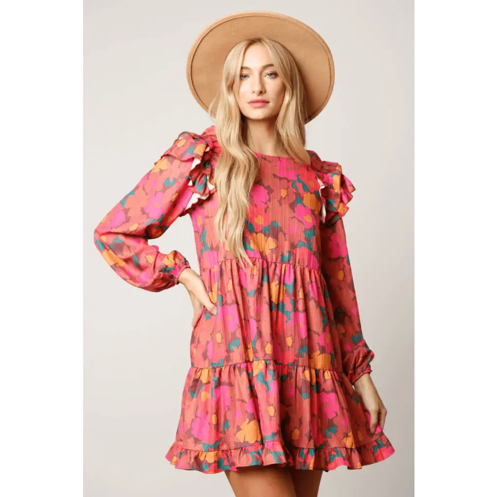 Long Sleeve Floral Shoulder Ruffle Dress - The Boho Depot