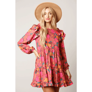 Long Sleeve Floral Shoulder Ruffle Dress