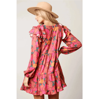 Long Sleeve Floral Shoulder Ruffle Dress