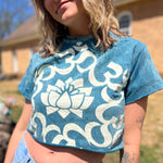 Boho crop top featuring Om symbol and lotus design on soft cotton fabric