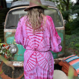 Back designs of hand-dyed lotus flower kimonos in assorted colors
