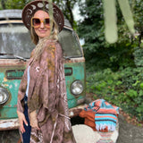 Full-length view of mauve festival hand-dyed bohemian kimono