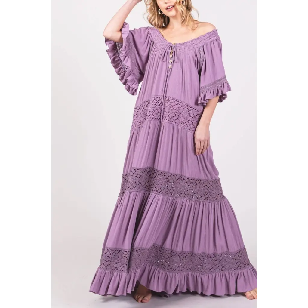 flowy dress boho Handmade Smocked Boho off Shoulder Dress/beach Maxi Dress/boho Cream Wedding Dress/wide Sleeve Wedding Dress/lace up Maxi Dress