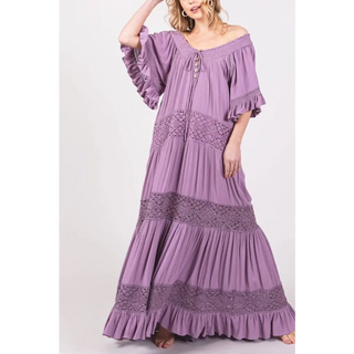 Maxi Dress Flowy Sweet Lace Trim - Small / Heather (Lilac)