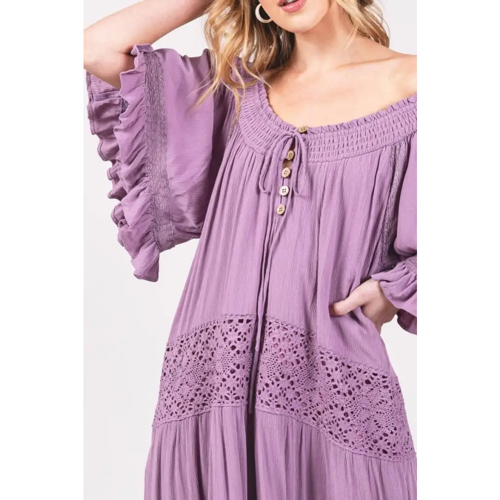 Maxi Dress Flowy Sweet Lace Trim - Medium / Heather (Lilac)