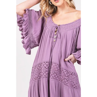 Maxi Dress Flowy Sweet Lace Trim - Medium / Heather (Lilac)