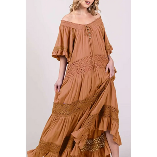 Maxi Dress Flowy Sweet Lace Trim - Small / Mustard - Dress