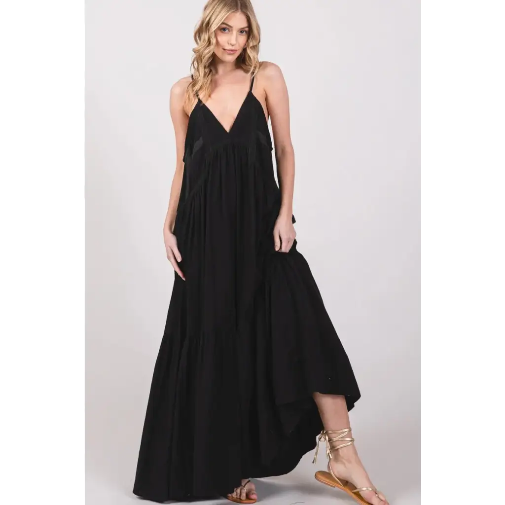 Maxi Dress Lace Trim Cami V-Neck - Large / Black - Dress