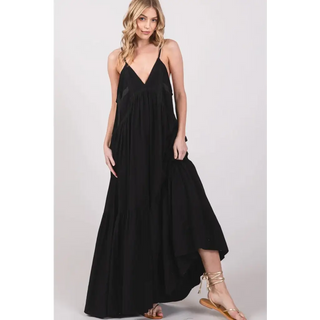 Maxi Dress Lace Trim Cami V-Neck - Large / Black - Dress