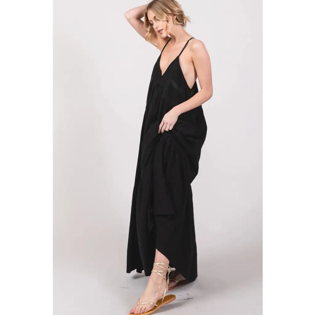 Maxi Dress Lace Trim Cami V-Neck - Small / Black - Dress