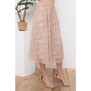 Metallic Tulle Floral Print Lining Maxi Skirt