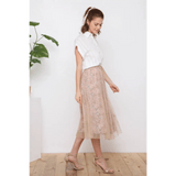 Metallic Tulle Floral Print Lining Maxi Skirt