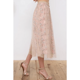Metallic Tulle Floral Print Lining Maxi Skirt