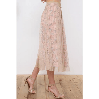 Metallic Tulle Floral Print Lining Maxi Skirt