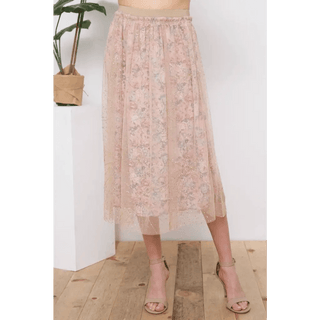 Metallic Tulle Floral Print Lining Maxi Skirt