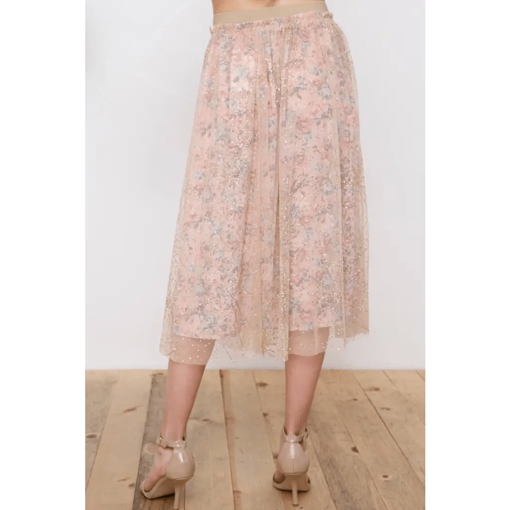 Metallic Tulle Floral Print Lining Maxi Skirt - Medium