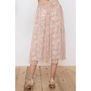 Metallic Tulle Floral Print Lining Maxi Skirt - Medium