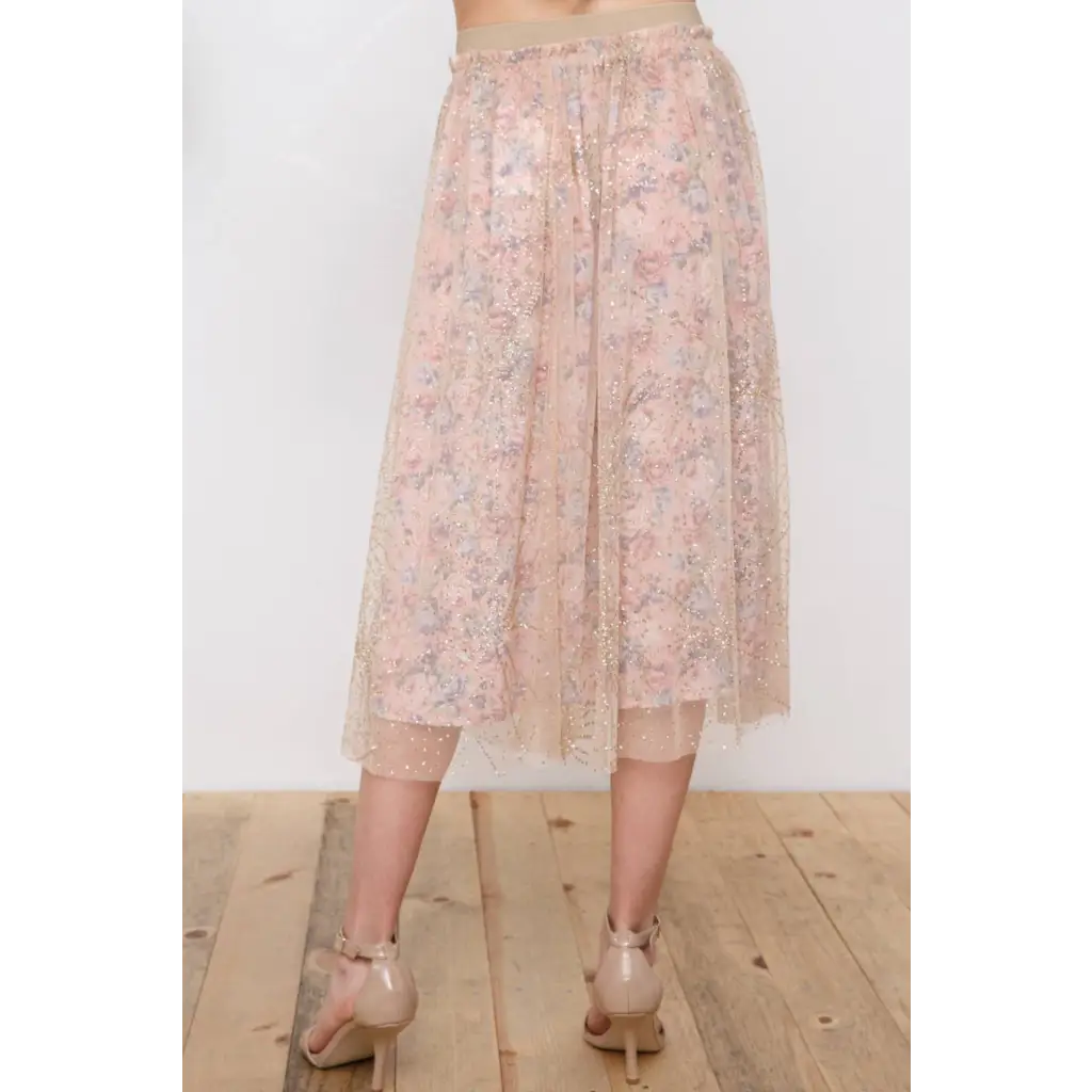 Metallic Tulle Floral Print Lining Maxi Skirt