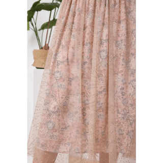 Metallic Tulle Floral Print Lining Maxi Skirt