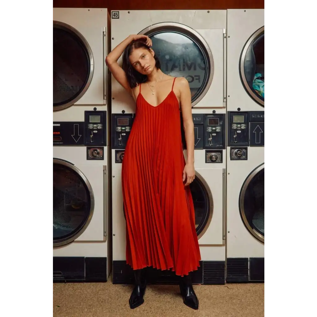 Midi Dress Pleated Camisole in Black & Rust - Dress