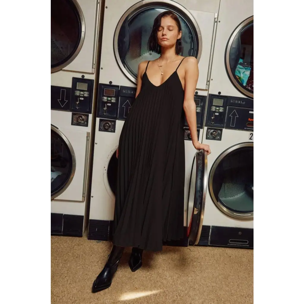 pleated camisole dress Women's Diana Pleated Camisole Twill Midi Dress S/M/L White/Black MEAN BLVD S / Black
