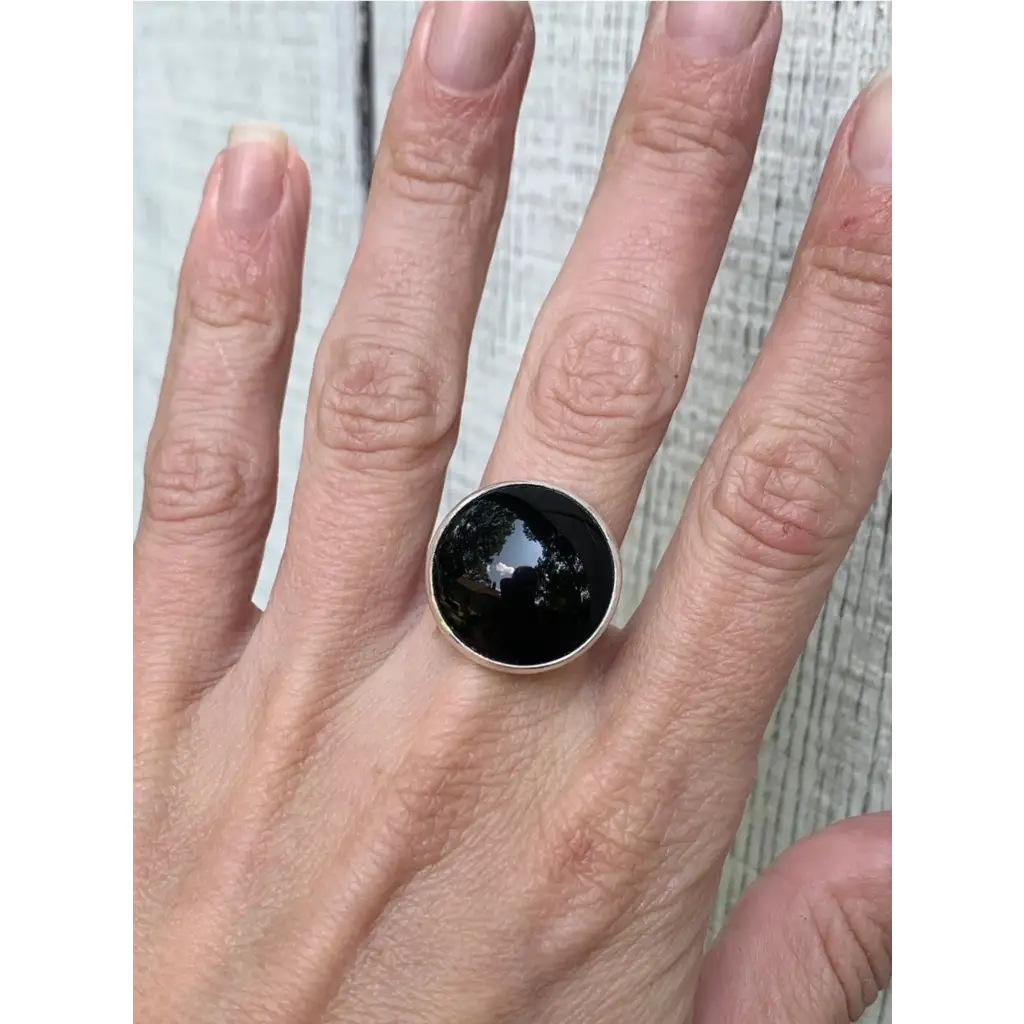 Minimalist Large Round Jet Black Onyx Sterling Silver Ring