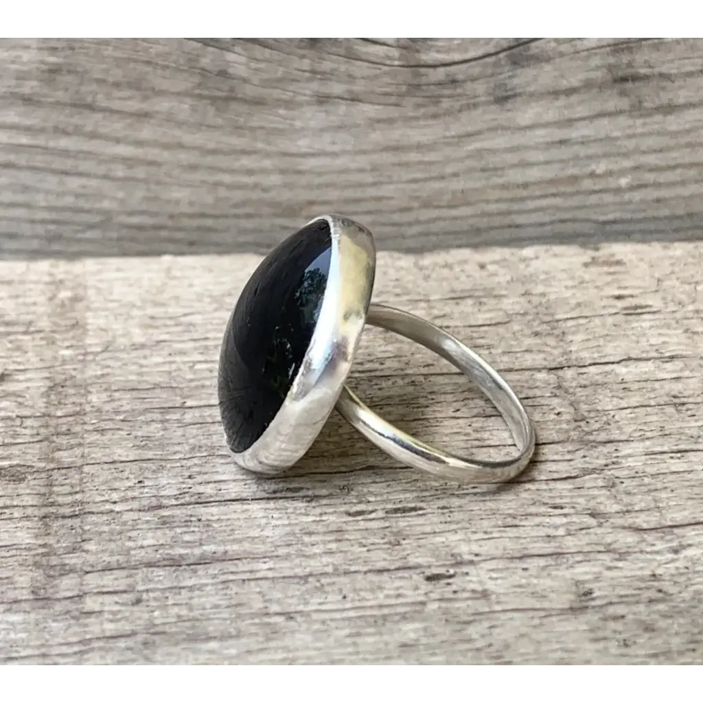 Minimalist Large Round Jet Black Onyx Sterling Silver Ring