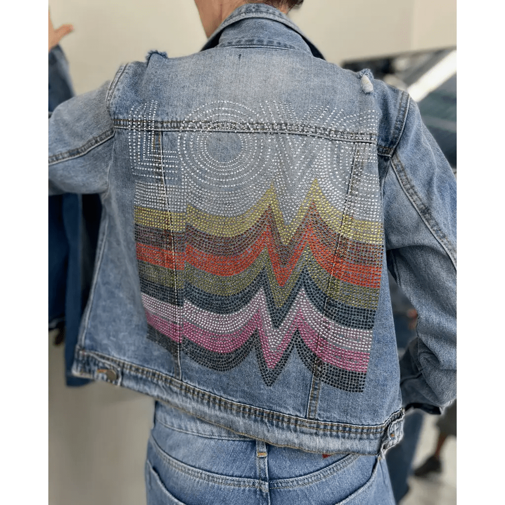 Denim Jacket with Love Crystal Decal - The Boho Depot
