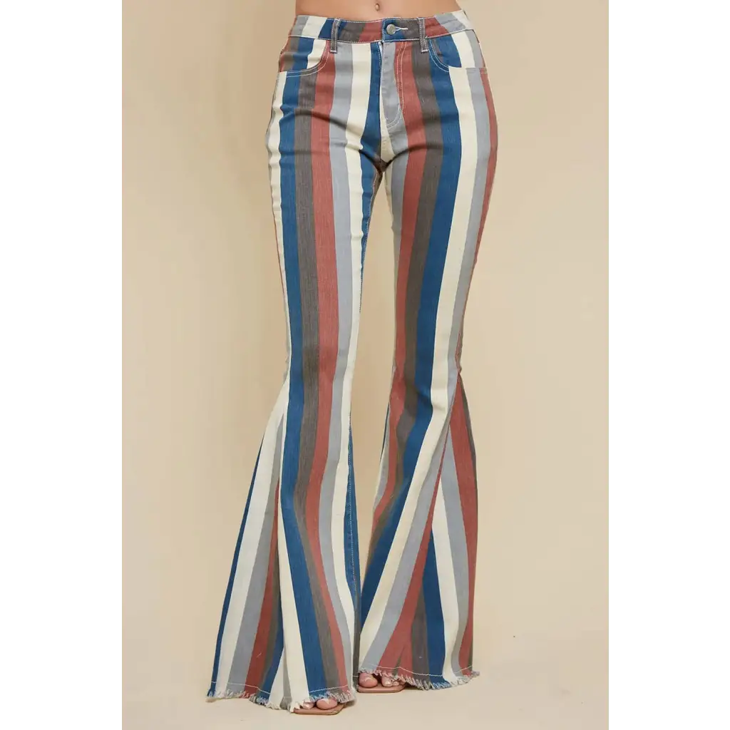 Multi - Striped Bell Bottom Denim Pants - Small