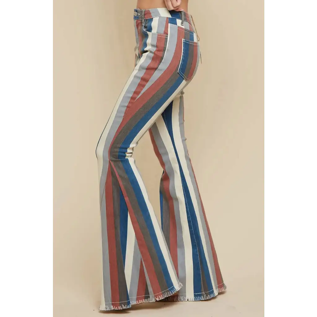 Multi - Striped Bell Bottom Denim Pants