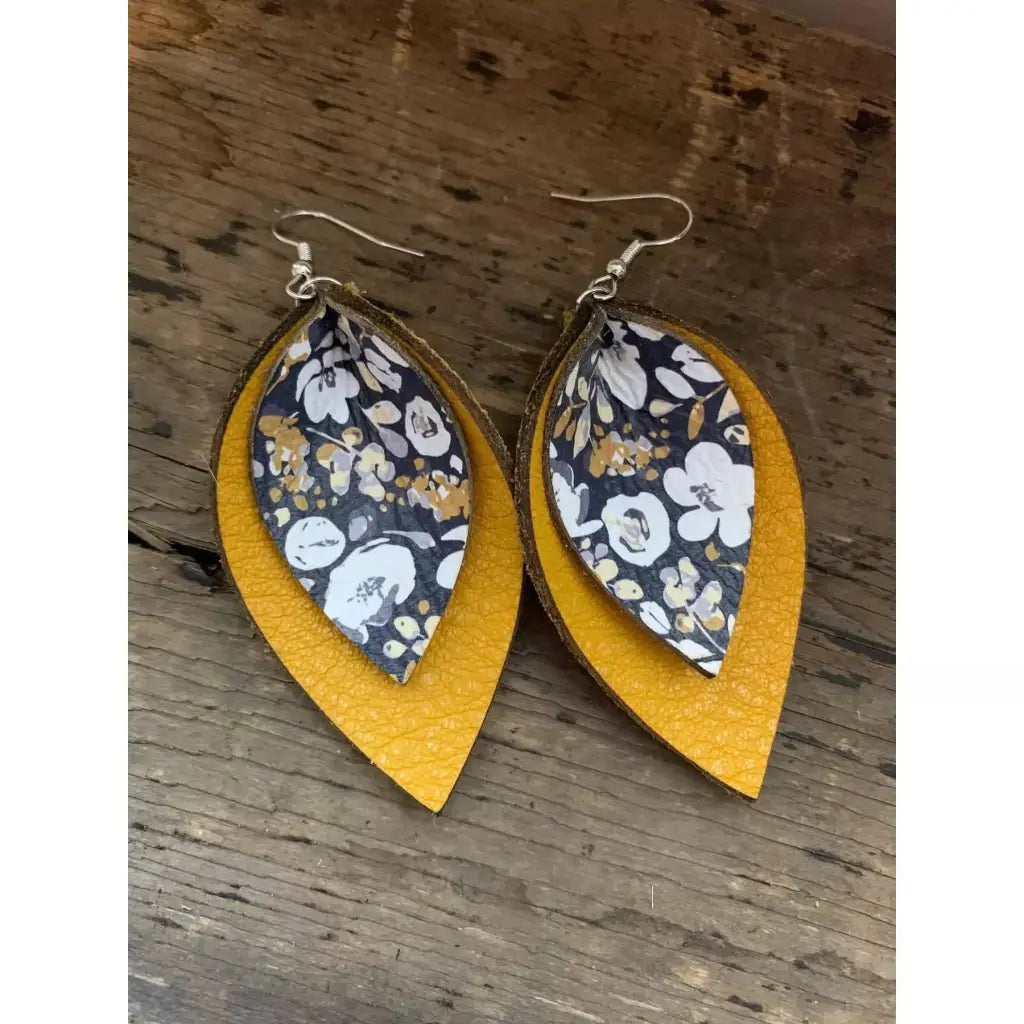 Mustard and Blue Poppy Double Layered Leather Earrings