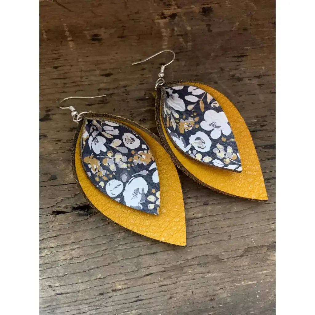 Mustard and Blue Poppy Double Layered Leather Earrings