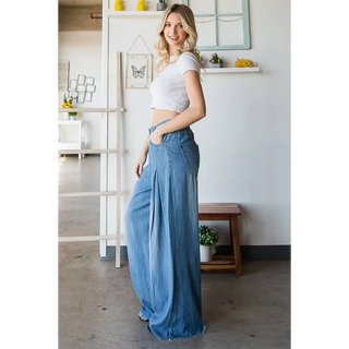 Wide Leg Pants - Pleated Denim