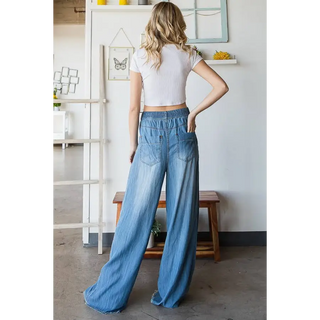 Wide Leg Pants - Pleated Denim