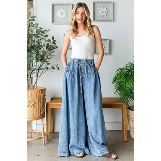 Wide Leg Washed Denim Pants - Small