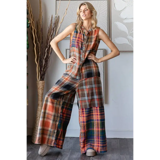 Washed Plaid Jumpsuit - Small