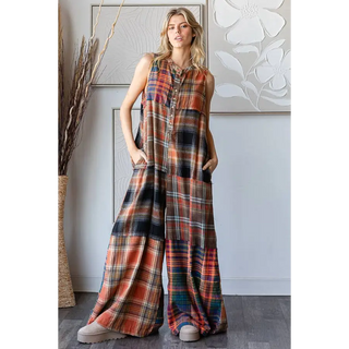 Washed Plaid Jumpsuit