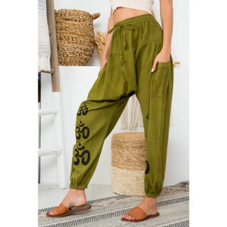 Om Print Harem Pants - Free Size / Green