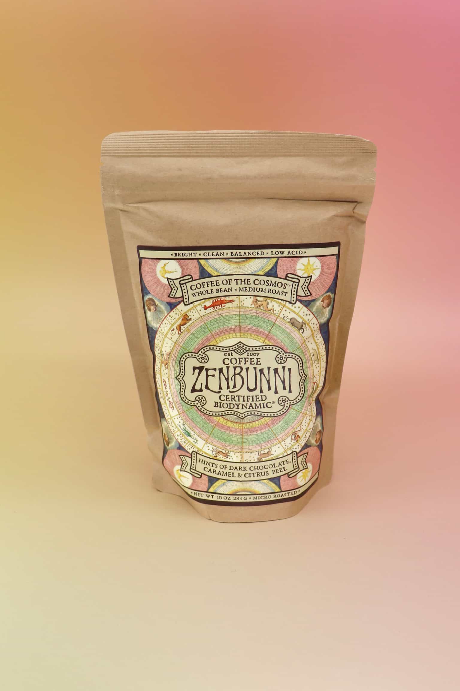 Front view of ZenBunni Biodynamic Coffee bag against a dreamy gradient background