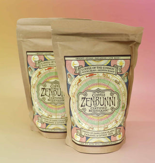 Close-up highlighting “Coffee of the Cosmos” branding and flavor notes