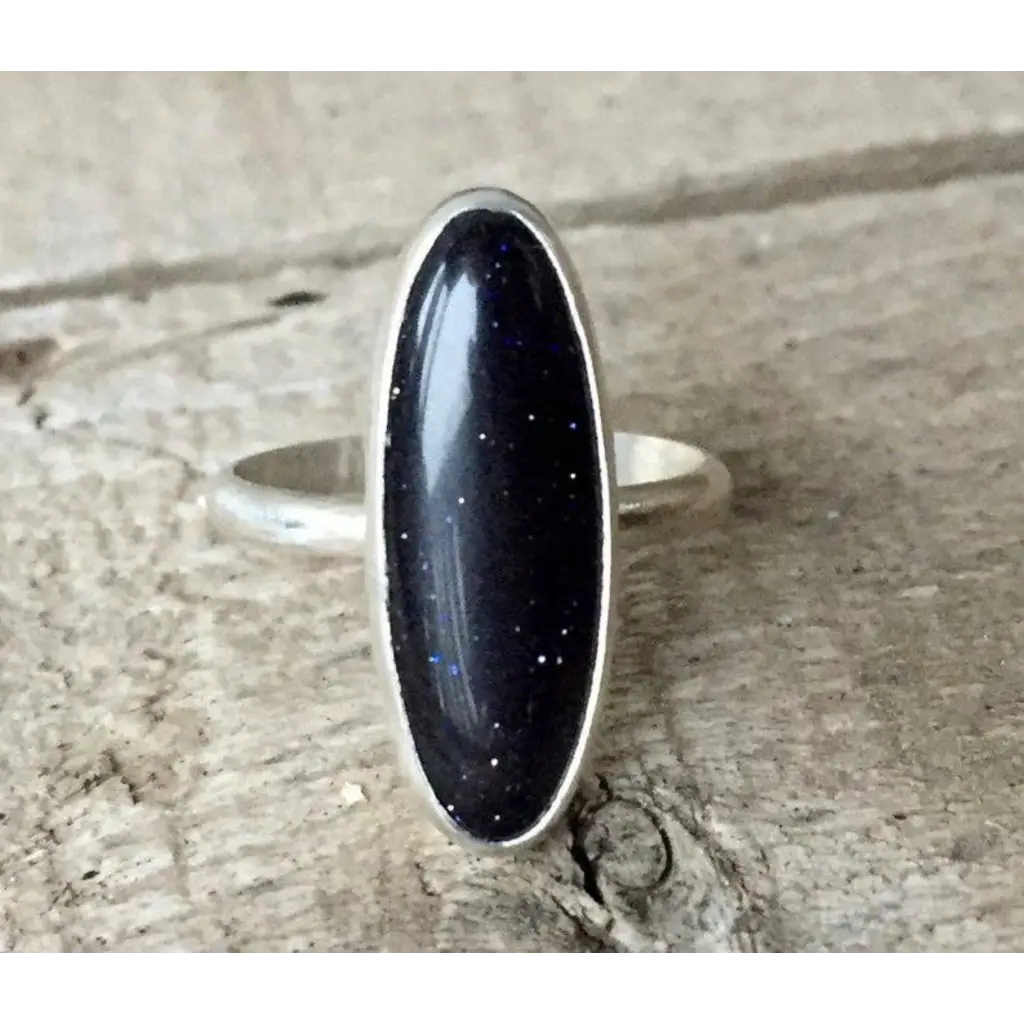 Oval Sparkly Blue Sandstone Sterling Silver Statement Ring
