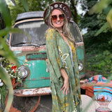 Long sleeve design of earthy hand-dyed green boho kimono