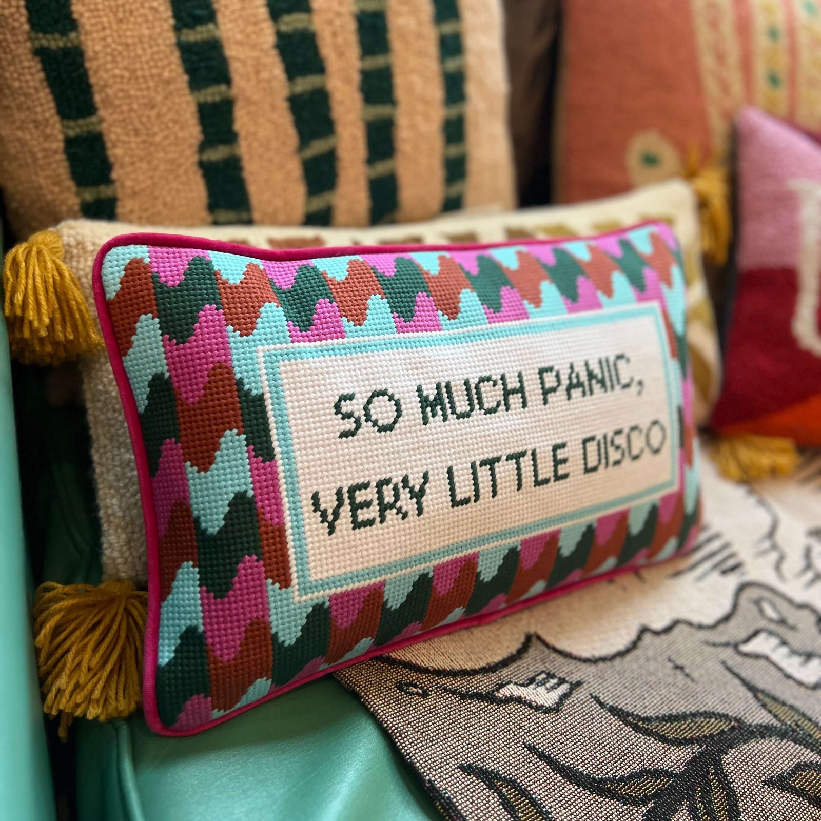 Panic at the Disco needlepoint pillow with funny embroidered quote and retro disco style