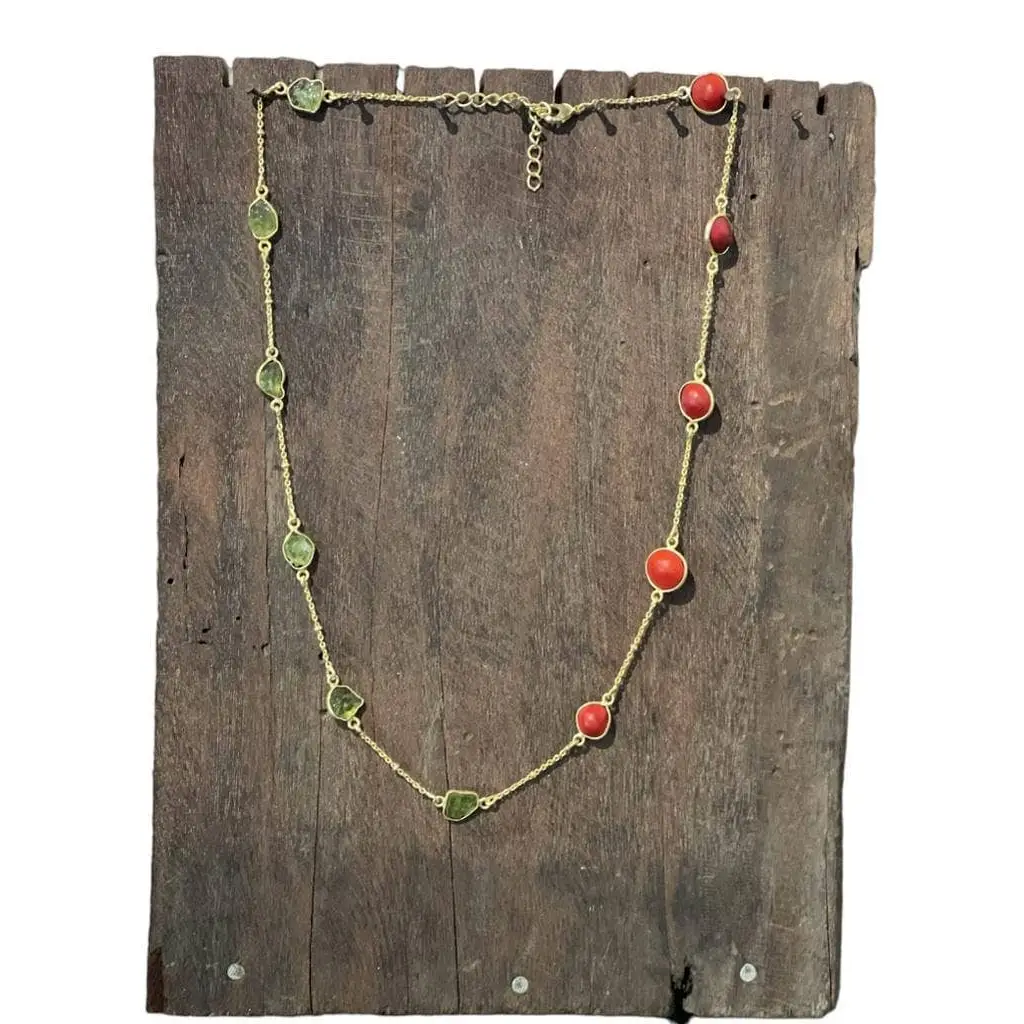 Peridot & Red Seed Necklace - Gold