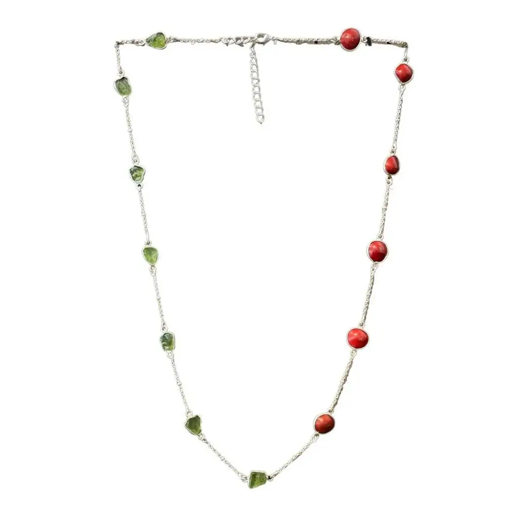 Peridot & Red Seed Necklace - Silver