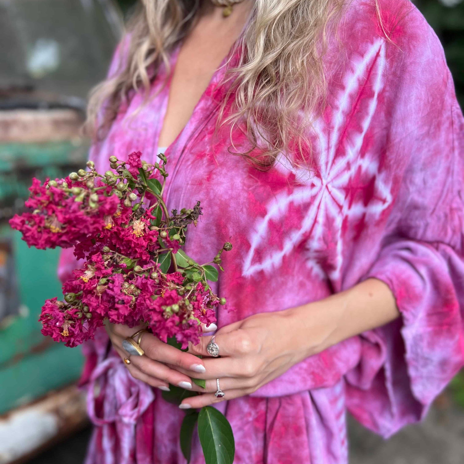 Hand-dyed boho kimono styled as festival duster robe