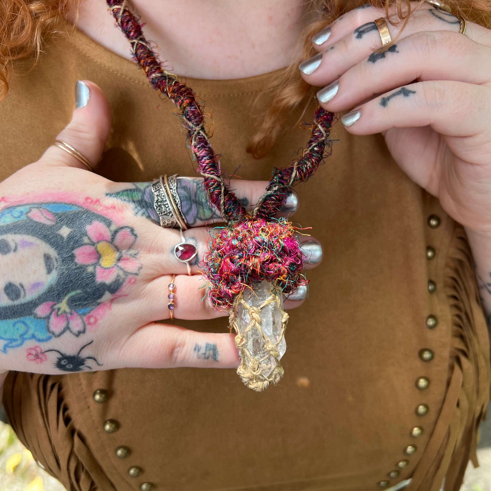 Bohemian crystal mushroom necklace styled with retro fringe top
