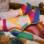 Rainbow suede ankle strap heels with cushioned insole for comfort.