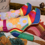 Rainbow suede ankle strap heels with cushioned insole for comfort.