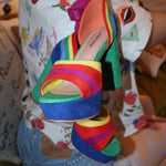 Colorful rainbow suede pumps with bold faux suede overlay and high heel.